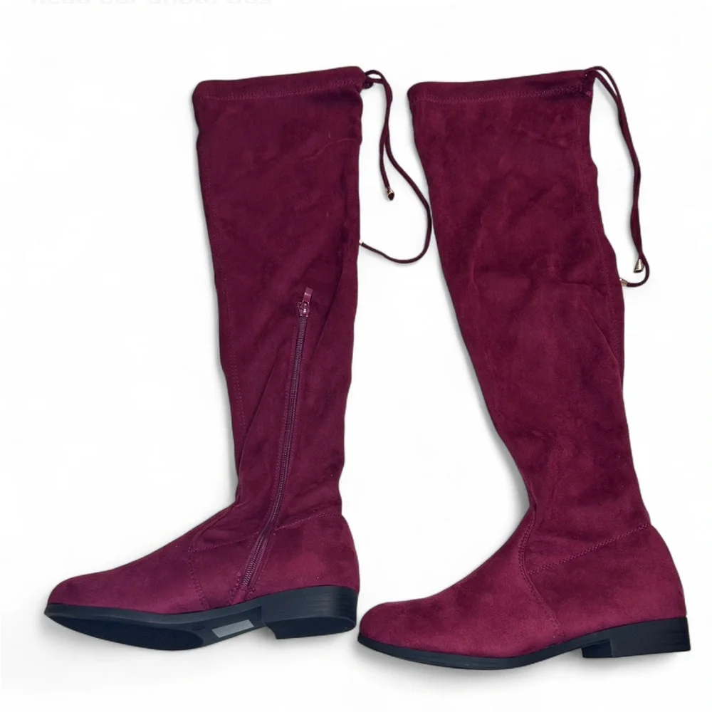 AKIRA Burgundy Over the Knee Boots with Chunky Sole and Lace-Up Design 7 NWT